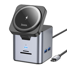Заредете изображение във визуализатора на галерията – HOCO adapter HUB 9in1 Type C with wireless charger HB49 metal gray
