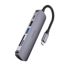 Заредете изображение във визуализатора на галерията – Adapter HUB 6in1 (HDTV+USB 3.0+USB 2.0+SD+TF+PD) USB-C Hoco HB28 black
