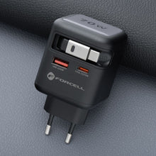 Заредете изображение във визуализатора на галерията – FORCELL F-ENERGY GaN III VT-R7 travel charger with retractable cable Type C and 1x Type C, 1x USB A charging ports PD QC4.0 3A 70W gray
