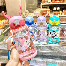 Заредете изображение във визуализатора на галерията – Water bottle with straw and leash for kids 500 - 600 ml pink
