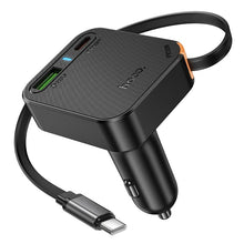 Заредете изображение във визуализатора на галерията – Car charger Hoco wit retractable cable 2 x USB C + USB A QC PD 65W NZ18 black
