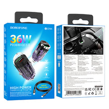 Заредете изображение във визуализатора на галерията – Borofone Car charger BZ29A Talented - USB + Type C - QC 3.0 PD 36W 3A with Type C to Type C transparent-purple
