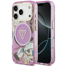 Заредете изображение във визуализатора на галерията – GUESS case for IPHONE 17 Pro Max compatible with MagSafe GUHMP17XHFLPEDU (IML Metal Glitter Flowers Triangle) purple
