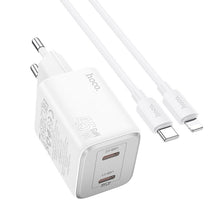 Заредете изображение във визуализатора на галерията – HOCO charger 2 x Type C +  cable Type C to Lightning PD QC 45W GaN N42 white
