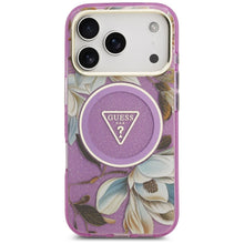 Заредете изображение във визуализатора на галерията – GUESS case for IPHONE 17 Pro Max compatible with MagSafe GUHMP17XHFLPEDU (IML Metal Glitter Flowers Triangle) purple
