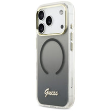 Заредете изображение във визуализатора на галерията – GUESS case for IPHONE 17 Pro compatible with MagSafe GUHMP17L5HTGMCSK (IML Gradient Script Metal) black
