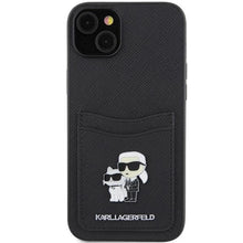 Заредете изображение във визуализатора на галерията – Karl Lagerfeld Saffiano Cardslot Karl&amp;Choupette Metal Pin case for iPhone 15 - black
