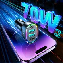 Заредете изображение във визуализатора на галерията – Joyroom car charger 70W with 4 ports: 2 x USB C, 2 x USB black (JR-CL29)
