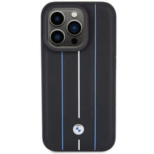 Заредете изображение във визуализатора на галерията – BMW Leather Stamp Blue Lines case for iPhone 15 Pro Max - black
