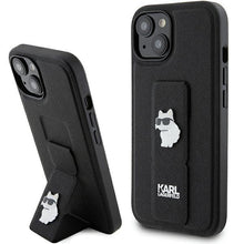 Заредете изображение във визуализатора на галерията – Karl Lagerfeld Gripstand Saffiano Choupette Pins case for iPhone 15 - black
