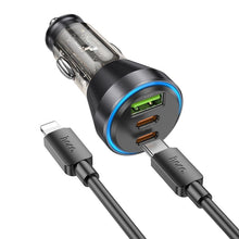 Заредете изображение във визуализатора на галерията – HOCO car charger USB QC 18W + 2 x Type C 30W + cable Type C for Iphone PD60W NZ12D transparent black
