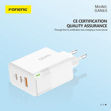 Заредете изображение във визуализатора на галерията – Foneng Wall charger GAN65 GaN - USB + 2xType C - PD 65W 3A with Type C to Type C white
