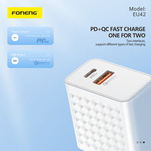 Заредете изображение във визуализатора на галерията – Foneng Wall charger EU42 GaN - USB + Type C - PD 20W 3A with Type C to Type C cable white
