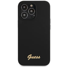 Заредете изображение във визуализатора на галерията – Guess GUHCP13XLSLMGBK iPhone 13 Pro Max 6.7" black/black hardcase Silicone Script Gold Logo
