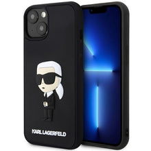 Заредете изображение във визуализатора на галерията – Original Pouch KARL LAGERFELD hardcase Rubber Ikonik 3D KLHCP14S3DRKINK for Iphone 14 Black
