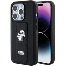 Заредете изображение във визуализатора на галерията – Karl Lagerfeld Gripstand Saffiano Karl&amp;Choupette Pins case for iPhone 15 Pro Max - black
