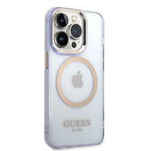 Заредете изображение във визуализатора на галерията – Guess GUHMP14XHTCMU iPhone 14 Pro Max 6.7&quot; purple/purple hard case Gold Outline Translucent MagSafe
