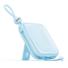 Заредете изображение във визуализатора на галерията – Joyroom power bank with USB C and Lightning cables and stand Cutie Series 10000mAh 22.5W blue (JR-L008)
