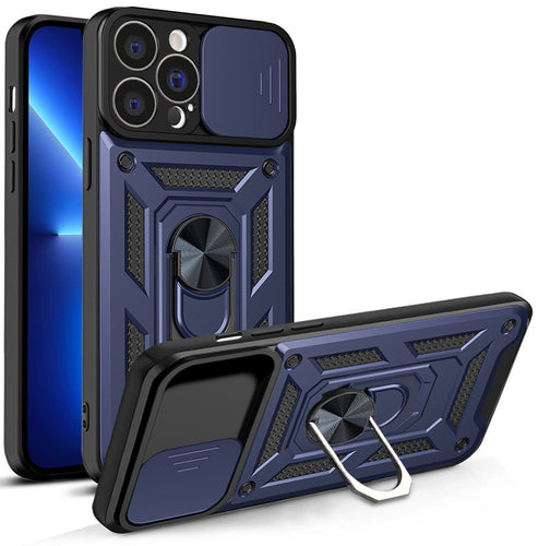 Hybrid Armor Camshield case for iPhone 13 Pro armored case with camera cover blue
