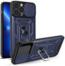 Заредете изображение във визуализатора на галерията – Hybrid Armor Camshield case for iPhone 13 Pro Max armored case with camera cover blue

