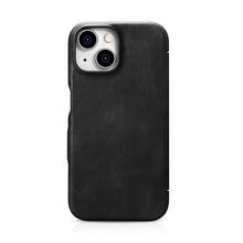 Заредете изображение във визуализатора на галерията – MagSafe Compatible Leather Flip Case for iPhone 15 iCarer Curved Edge Oil Wax Real Leather Folio Case - Black
