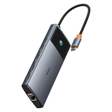 Заредете изображение във визуализатора на галерията – HUB 10in1 Baseus Metal Gleam Series II USB-C to HDMI 4K 120Hz / HDMI 4K 60Hz / USB-A 10Gb/s / 2xUSB-A 480Mb/s / USB-C 10Gb/s / RJ45 / SD / TF / USB-C PD - gray
