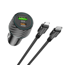 Заредете изображение във визуализатора на галерията – Borofone Car charger BZ21 Brilliant - USB + Type C - QC 3.0 PD 48W with Type C to Lightning cable black

