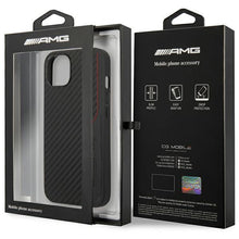 Заредете изображение във визуализатора на галерията – AMG AMHCP13MDEBK iPhone 13 6.1" black/black hardcase Leather&amp;Carbon Red Stitching
