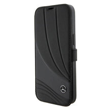Заредете изображение във визуализатора на галерията – Original Case MERCEDES bookcase Leather Wave Patern MEBKP15S8ROLK for Iphone 15 Black
