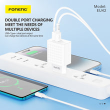 Заредете изображение във визуализатора на галерията – Foneng Wall charger EU42 GaN - USB + Type C - PD 20W 3A with Type C to Type C cable white
