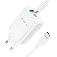 Заредете изображение във визуализатора на галерията – Borofone Wall charger BN10 Sunlight - USB + Type C - QC 3.0 PD 65W with Type C to Type C cable white
