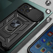 Заредете изображение във визуализатора на галерията – Hybrid Armor Camshield case for iPhone 14 Pro Max armored case with camera cover black

