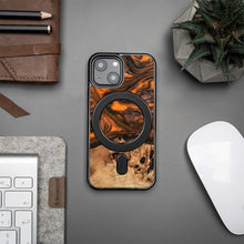 Заредете изображение във визуализатора на галерията – Wood and Resin Case for iPhone 13 Mini MagSafe Bewood Unique Orange - Orange and Black
