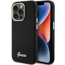Заредете изображение във визуализатора на галерията – Guess Silicone Script Metal Logo &amp; Frame case for iPhone 15 Pro Max - black
