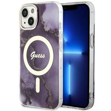 Заредете изображение във визуализатора на галерията – Original Case GUESS hardcase Golden Marble MagSafe GUHMP14SHTMRSU for Iphone 14 purple
