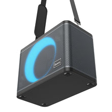 Заредете изображение във визуализатора на галерията – HOCO wireless speaker dancer outdoor karaoke + 2x wirelles microphone LED Jenny BS57 black (+ FBT, TF, USB, AUX)
