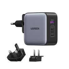 Заредете изображение във визуализатора на галерията – Ugreen fast charger GaN USB / 2xUSB C 65W adapter EU / UK / US plug black (CD296)
