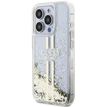 Заредете изображение във визуализатора на галерията – Original faceplate case GUESS GUHCP15LLFCSEGT for iPhone 15 Pro (Liquid Glitter Gold Stripes / transparent)
