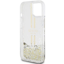 Заредете изображение във визуализатора на галерията – Original faceplate case GUESS GUHCP15MLFCSEGT for iPhone 15 Plus (Liquid Glitter Gold Stripes / transparent)
