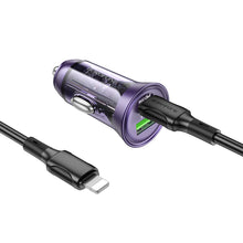 Заредете изображение във визуализатора на галерията – Borofone Car charger BZ26A Shadow - USB + Type C - PD 43W 3A with Type C to Lightning cable transparent-purple
