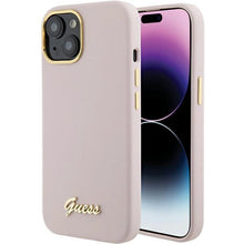 Заредете изображение във визуализатора на галерията – Guess Silicone Script Metal Logo &amp; Frame case for iPhone 15 - pink
