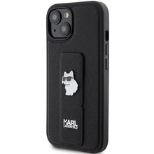 Заредете изображение във визуализатора на галерията – Karl Lagerfeld Gripstand Saffiano Choupette Pins Case for iPhone 15 Plus / 14 Plus - Black
