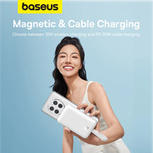 Заредете изображение във визуализатора на галерията – Baseus Magnetic Mini MagSafe 10000mAh 30W powerbank with built-in Lightning cable - white + Baseus Simple Series USB-C - USB-C 60W 0.3m cable

