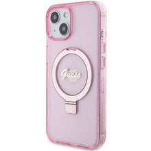 Заредете изображение във визуализатора на галерията – Original faceplate case GUESS GUHMP15SHRSGSP for iPhone 15 Plus (Magsafe / Glitter Script Logo / Ring stand / pink)
