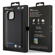 Заредете изображение във визуализатора на галерията – Original Case BMW Leather Carbon BMHCP15M22NBCK for Iphone 15 Plus Black
