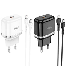 Заредете изображение във визуализатора на галерията – Hoco charger type c pd20w fast charge victorious with cable for iphone lightning 8-pin n24 black
