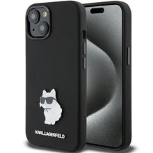 Заредете изображение във визуализатора на галерията – Karl Lagerfeld Silicone Choupette Metal Pin case for iPhone 15 - black
