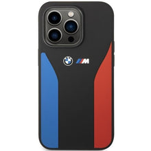 Заредете изображение във визуализатора на галерията – Case BMW BMHCP14L22SCSK iPhone 14 Pro 6.1" black/black Silicone Blue&amp;Red Stripes M Collection
