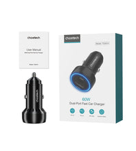 Заредете изображение във визуализатора на галерията – Choetech TC0014 USB-C USB-A PD 60W car charger with LED backlight - black
