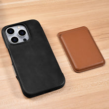 Заредете изображение във визуализатора на галерията – MagSafe Compatible Leather Flip Case for iPhone 15 Pro iCarer Curved Edge Oil Wax Real Leather Folio Case - Black
